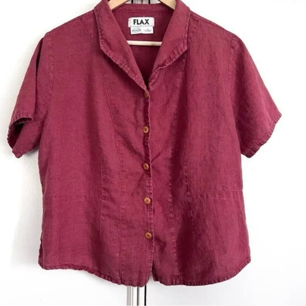 Flax Linen Button Down Collared Blouse Short Sleeve